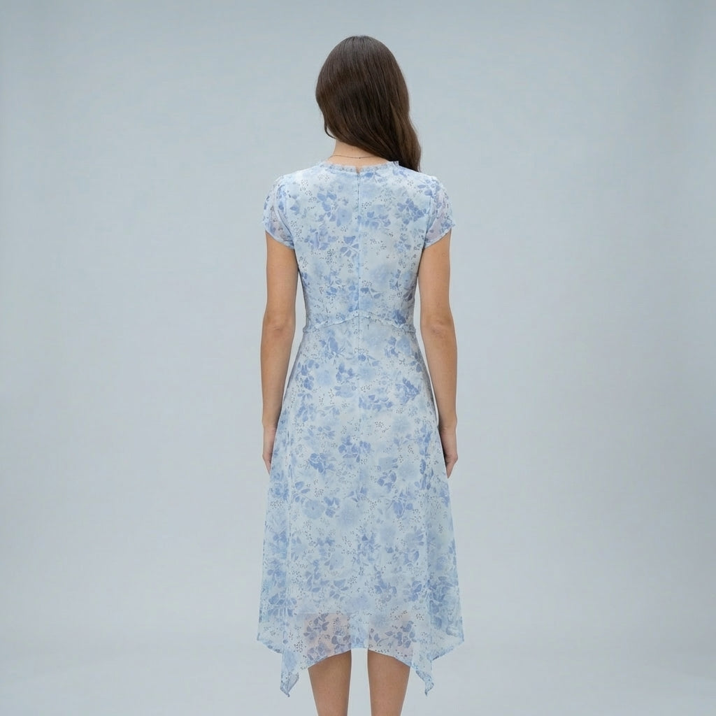 Abito estivo midi floreale blu con scollo a V
