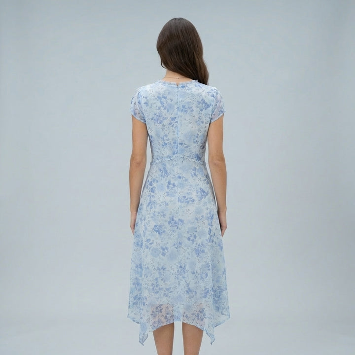 Abito estivo midi floreale blu con scollo a V