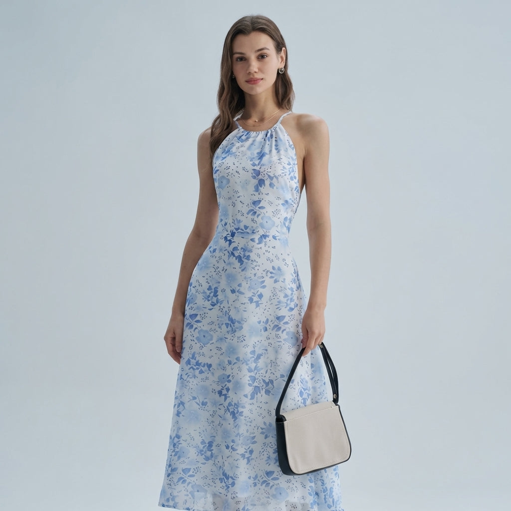 Abito estivo midi floreale blu con scollo all'americana