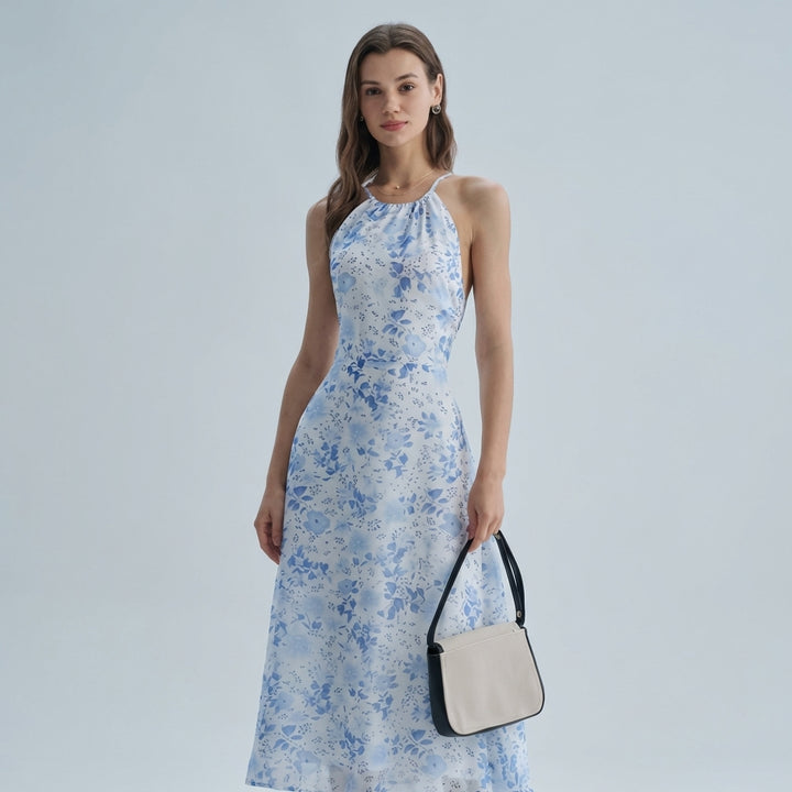 Abito estivo midi floreale blu con scollo all'americana