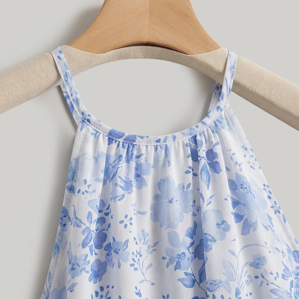 Abito estivo midi floreale blu con scollo all'americana