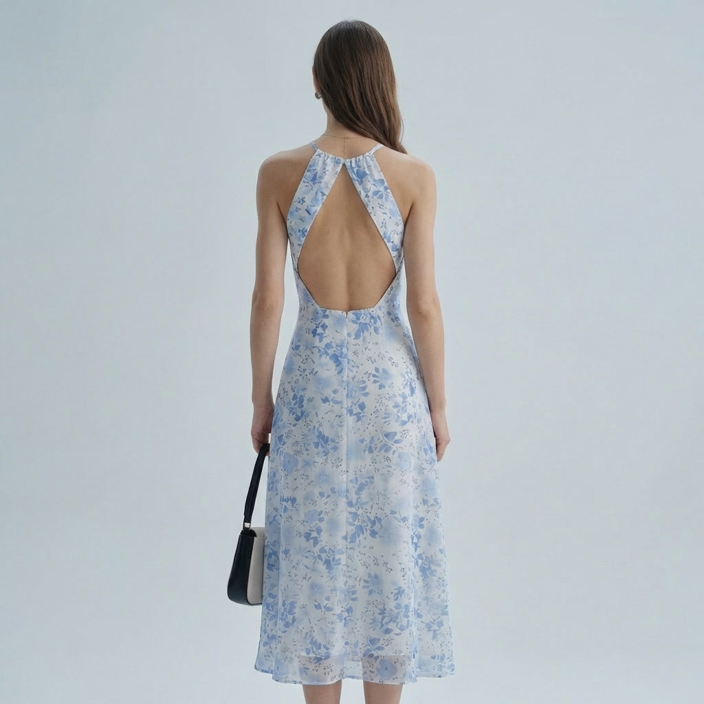 Abito estivo midi floreale blu con scollo all'americana