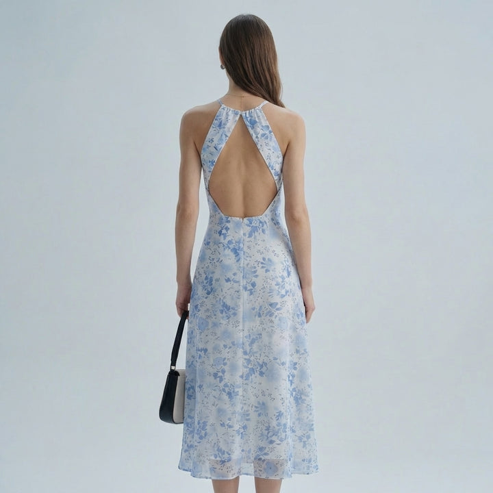 Abito estivo midi floreale blu con scollo all'americana