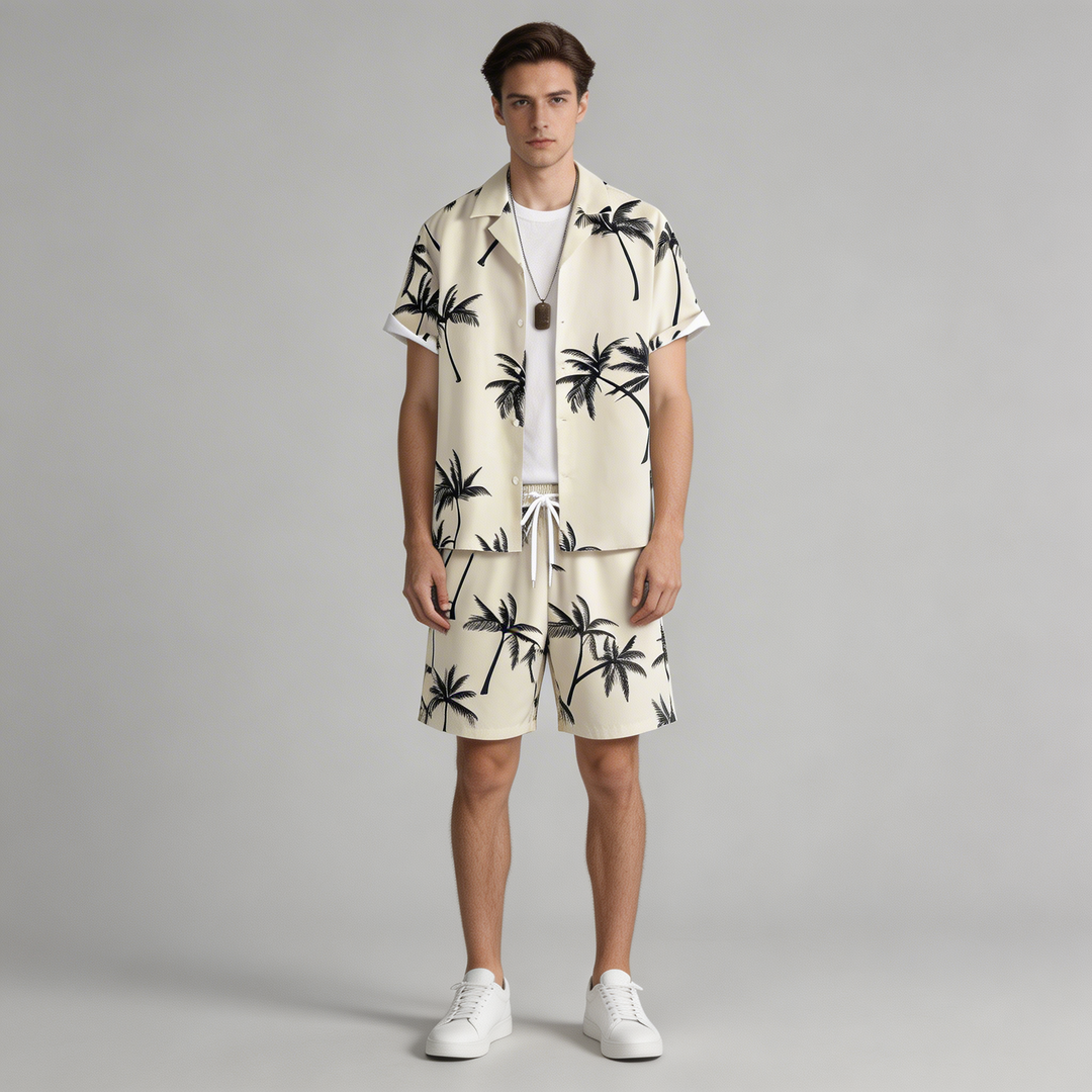 Completo Estivo Uomo Stampa Palme Camicia e Shorts