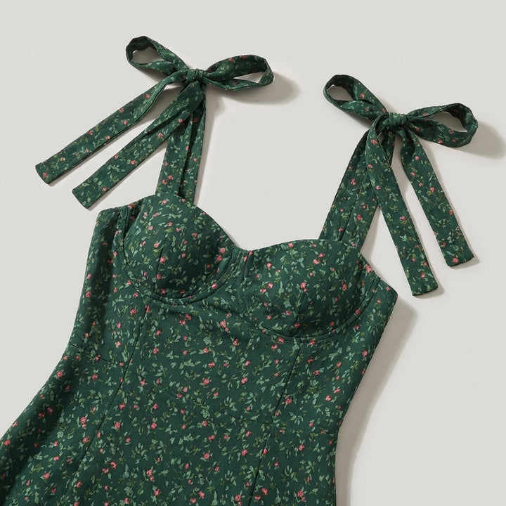 Elegante Abito Mini Verde Floreale Scollo Cuore Donna