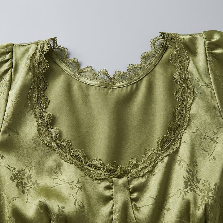 Elegante Abito Midi Verde Jacquard Maniche Corte