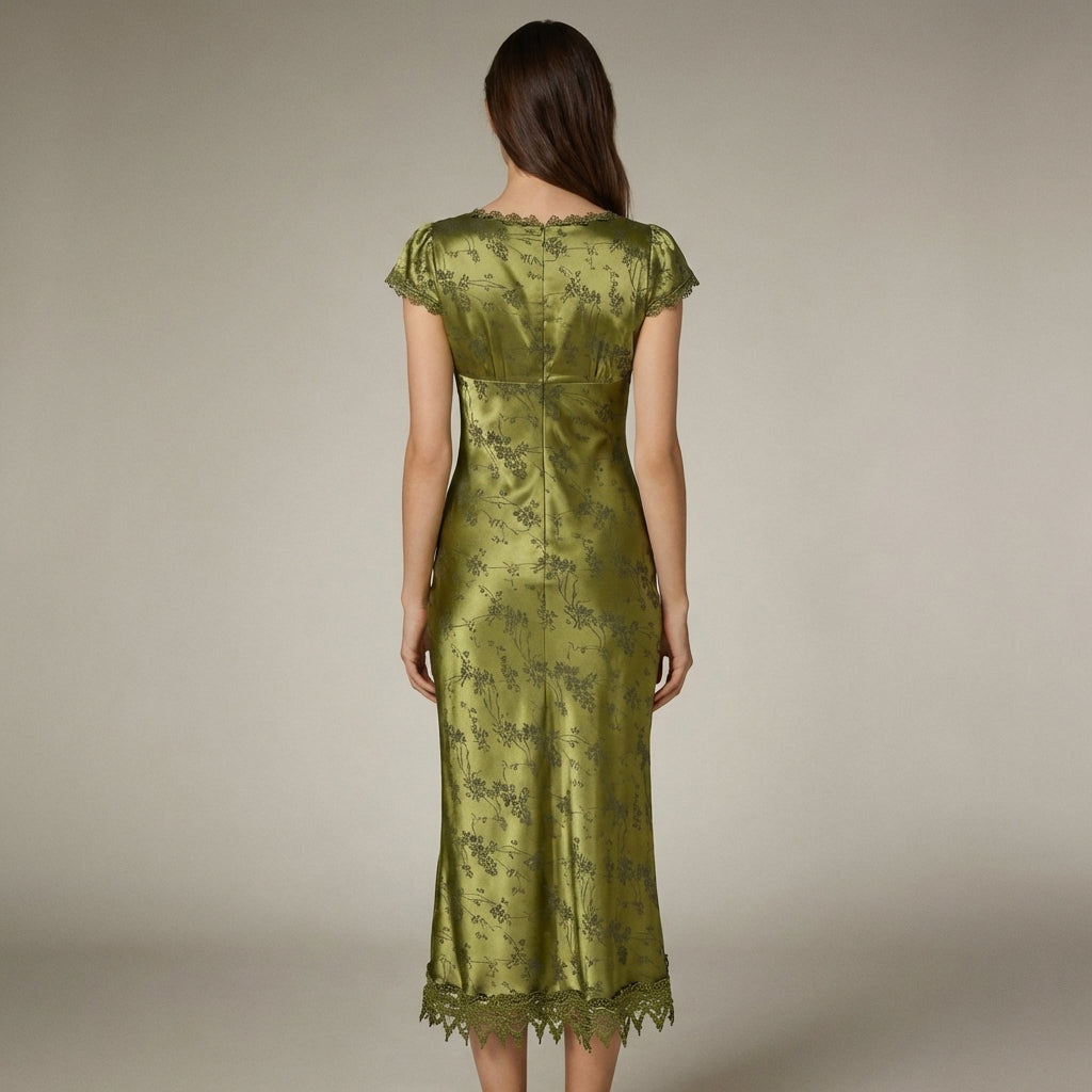 Elegante Abito Midi Verde Jacquard Maniche Corte