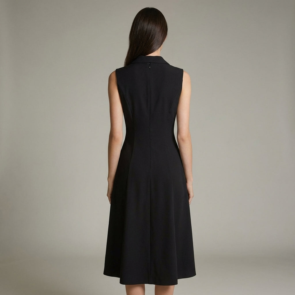 Elegante Abito Midi Nero Donna Scollo V Tunica Ufficio