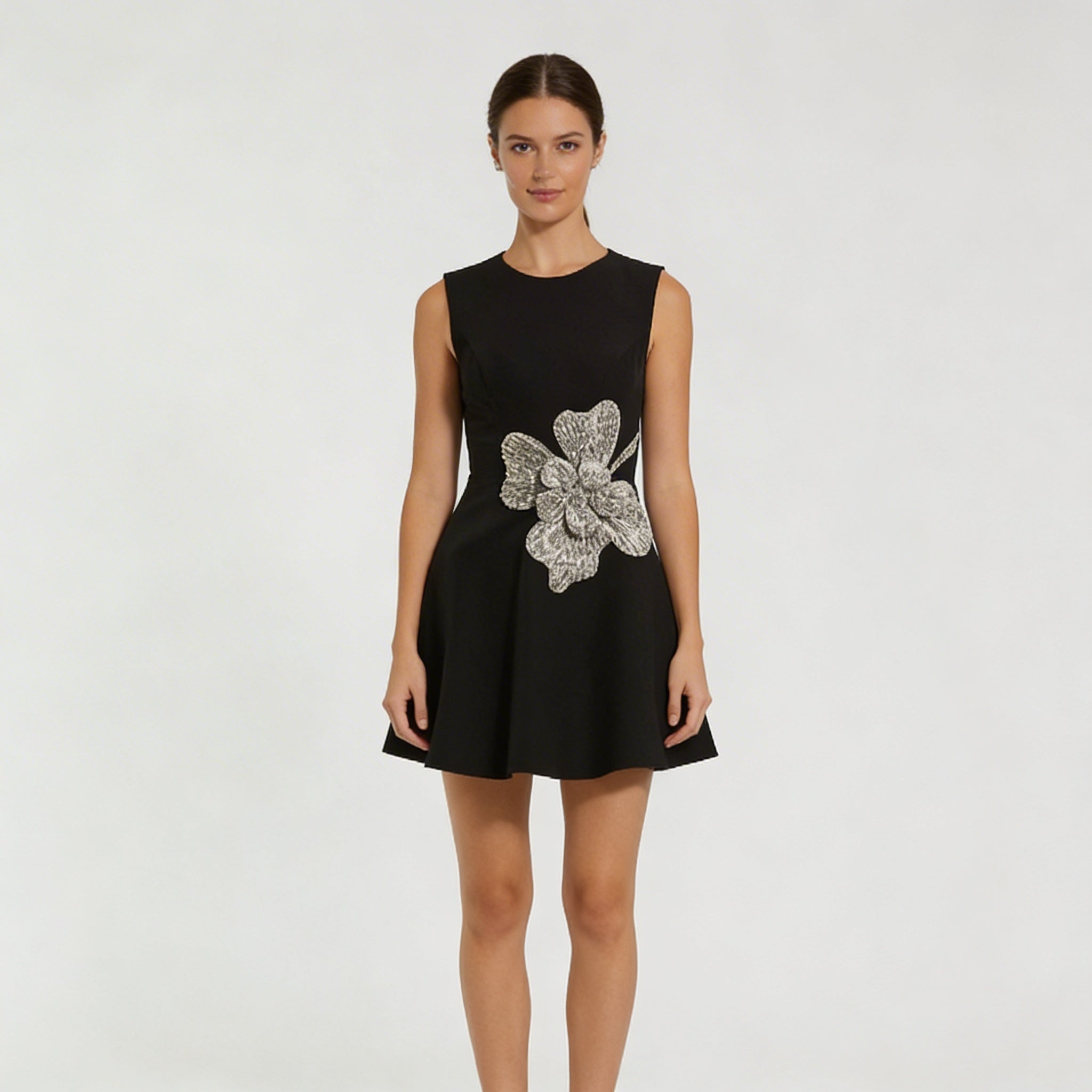 Elegante Abito Mini Nero Strass Fiore Donna