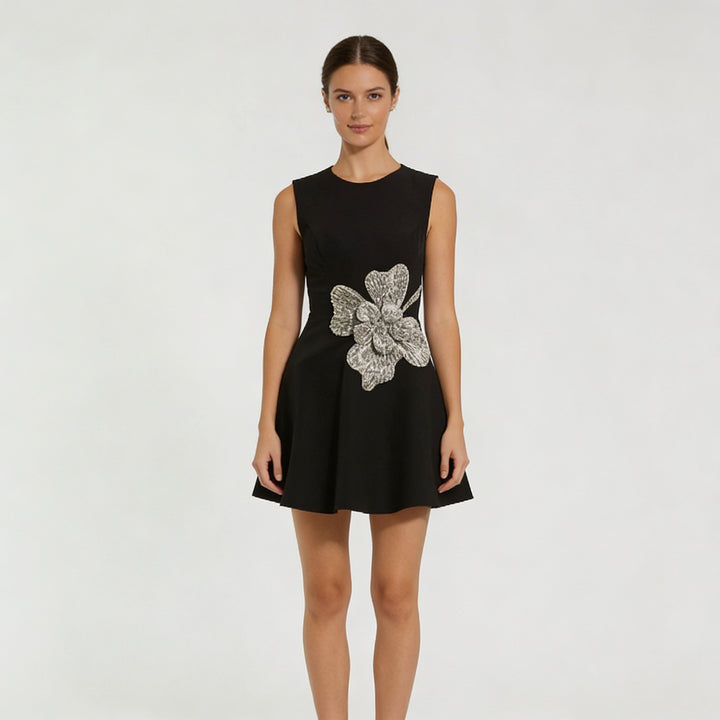 Elegante Abito Mini Nero Strass Fiore Donna