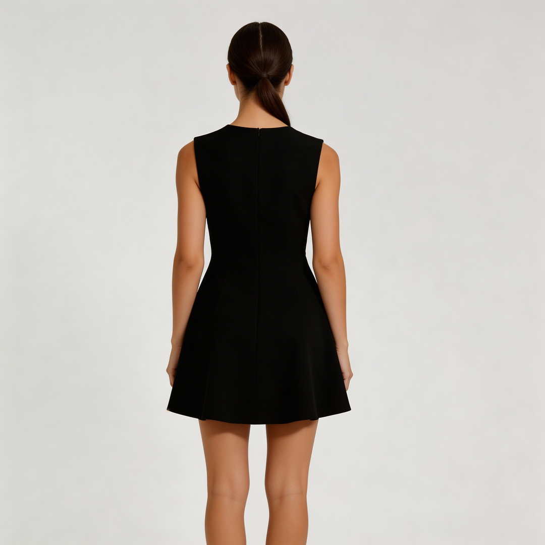 Elegante Abito Mini Nero Strass Fiore Donna