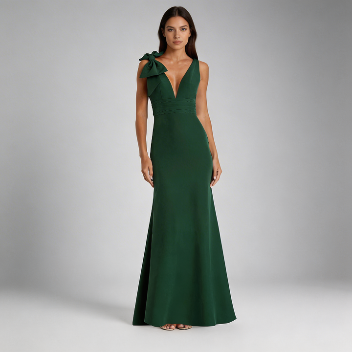 Elegante Abito Lungo Verde Smanicato Scollo V Sirena Fiocco