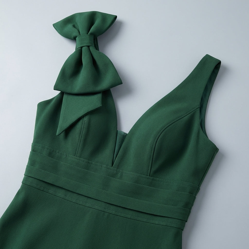 Elegante Abito Lungo Verde Smanicato Scollo V Sirena Fiocco