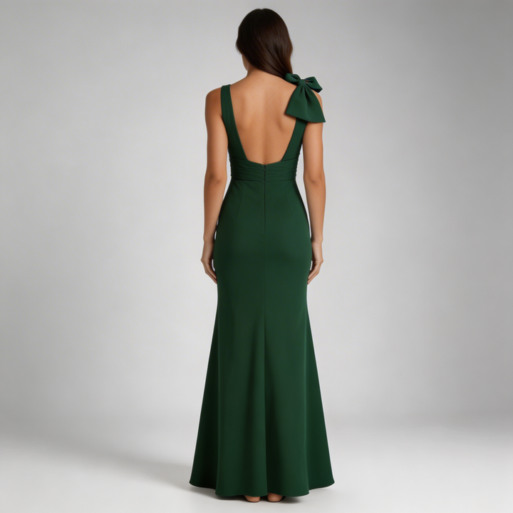 Elegante Abito Lungo Verde Smanicato Scollo V Sirena Fiocco
