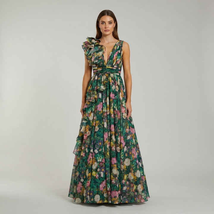 Elegante Abito Maxi Floreale Scollo V Chiffon Donna