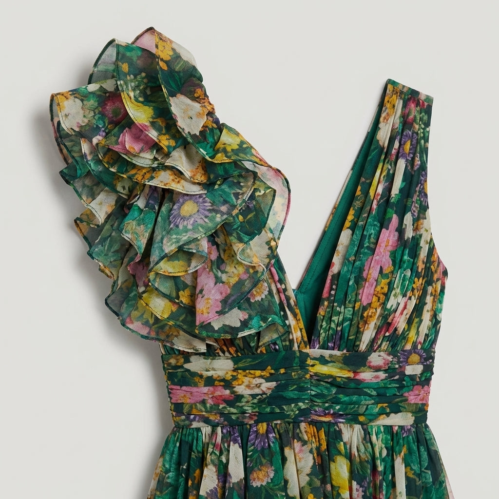 Elegante Abito Maxi Floreale Scollo V Chiffon Donna