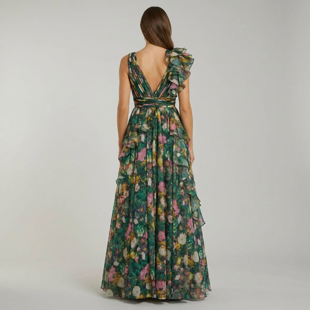 Elegante Abito Maxi Floreale Scollo V Chiffon Donna