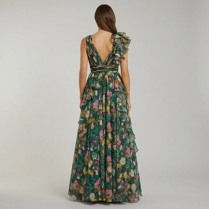 Elegante Abito Maxi Floreale Scollo V Chiffon Donna