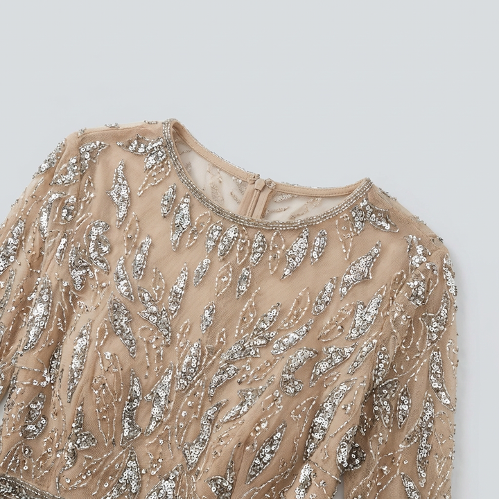 Elegante Abito Lungo Beige Donna Maniche Lunghe Perline Sera