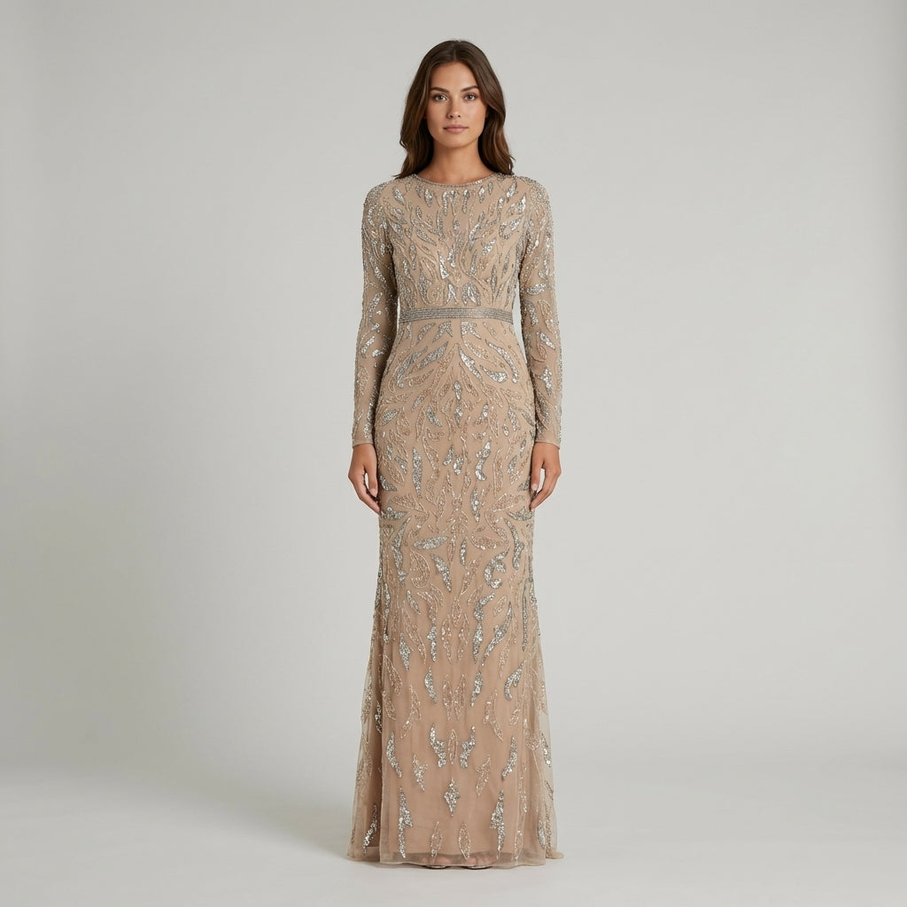 Elegante Abito Lungo Beige Donna Maniche Lunghe Perline Sera