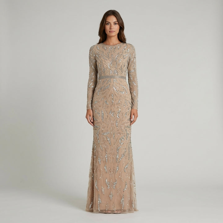 Elegante Abito Lungo Beige Donna Maniche Lunghe Perline Sera