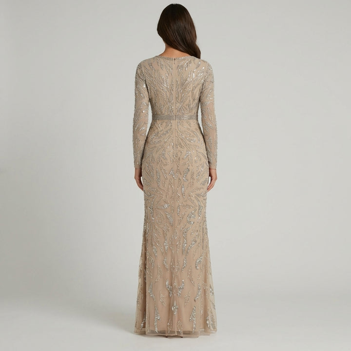 Elegante Abito Lungo Beige Donna Maniche Lunghe Perline Sera