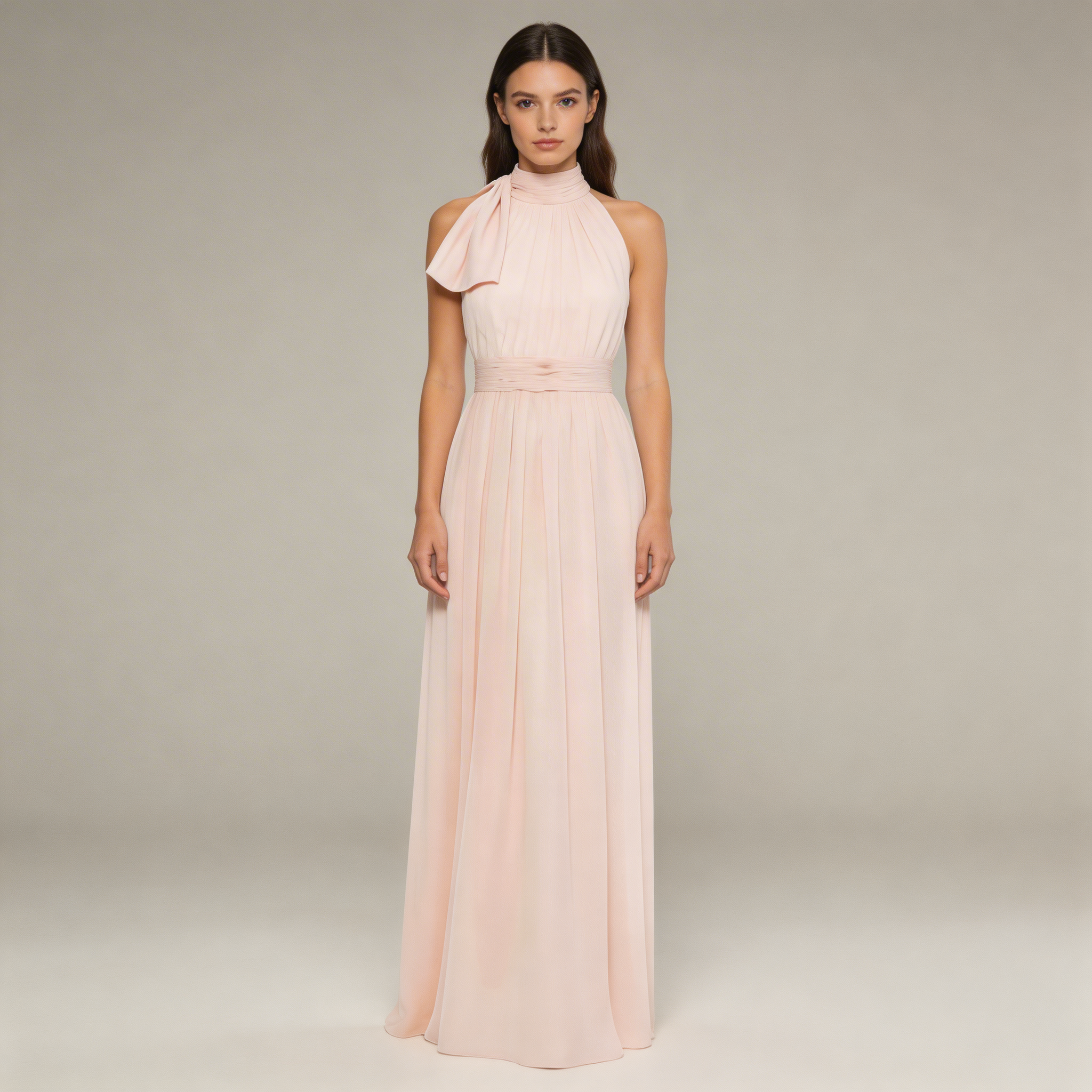 Elegante Abito Lungo Rosa Donna Collo Alto Chiffon Plissettato