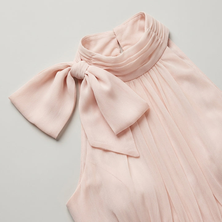Elegante Abito Lungo Rosa Donna Collo Alto Chiffon Plissettato