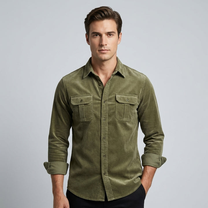 Classica Camicia Uomo Velluto a Coste Business Casual Elegante