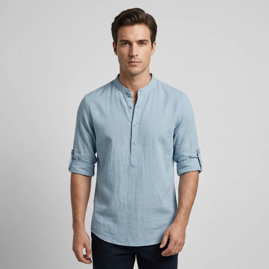 Classica Camicia Henley Manica Lunga Uomo Casual