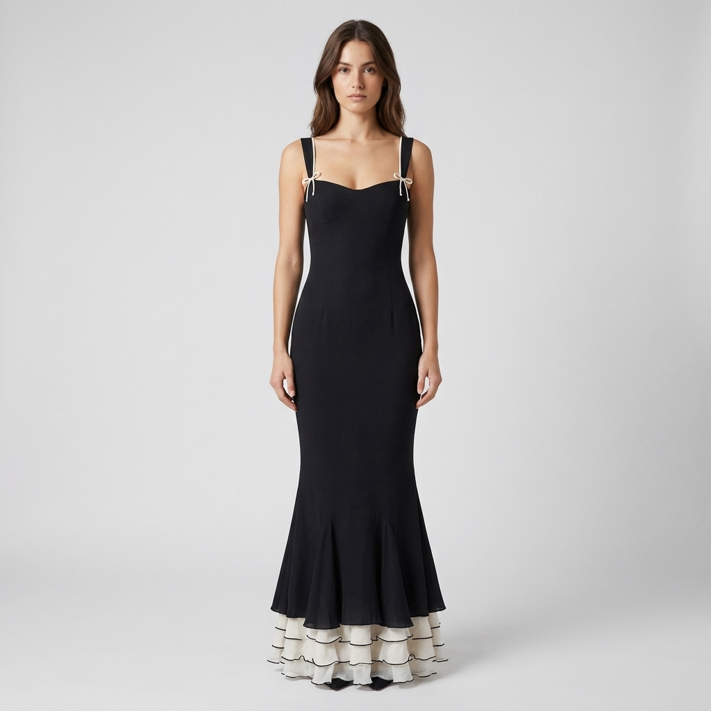 Elegante Abito Lungo Nero Scollo Cuore Donna