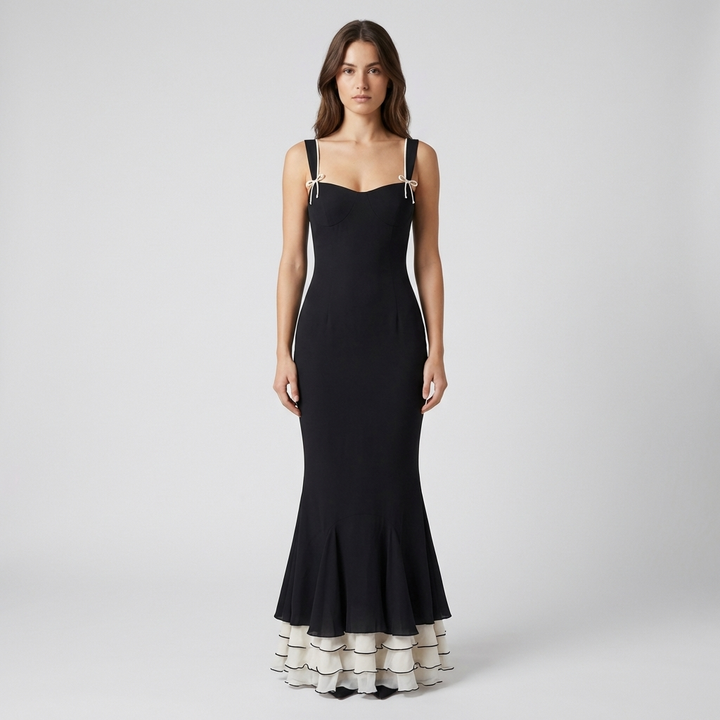 Elegante Abito Lungo Nero Scollo Cuore Donna