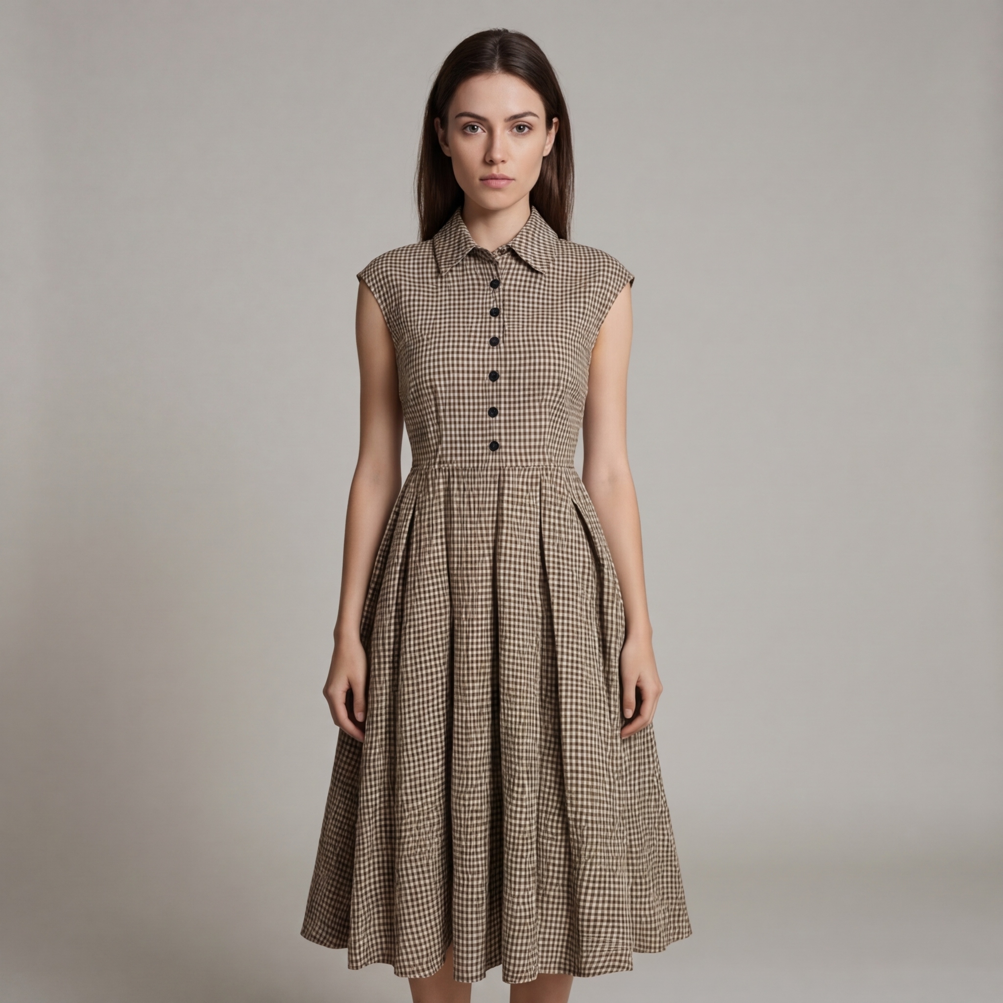 Classico Abito Midi Marrone Scozzese Bottoni Donna