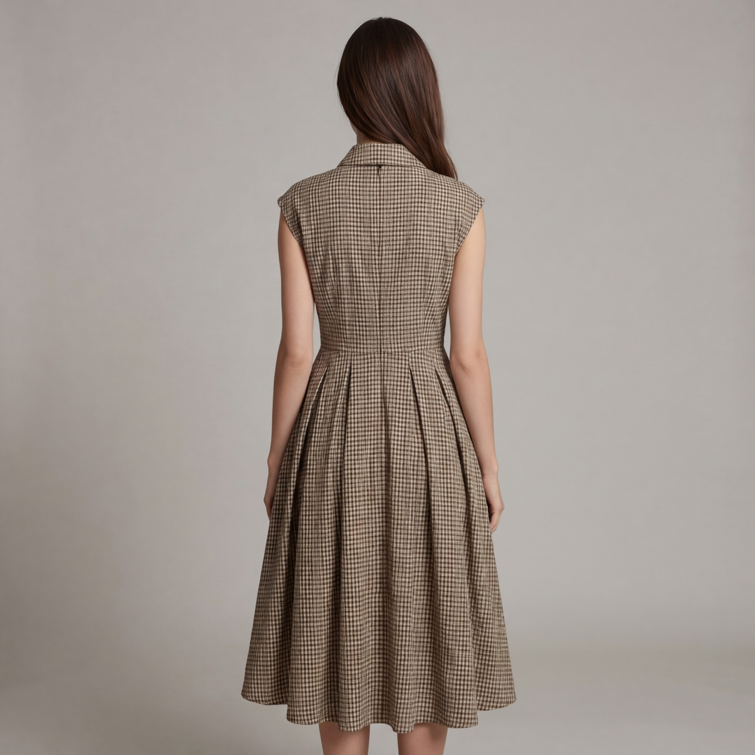 Classico Abito Midi Marrone Scozzese Bottoni Donna
