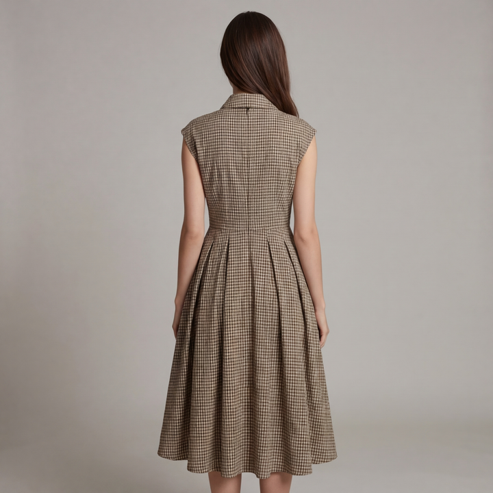Classico Abito Midi Marrone Scozzese Bottoni Donna