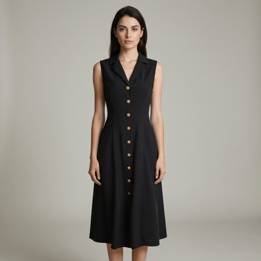 Elegante Abito Midi Nero Donna Scollo V Tunica Ufficio