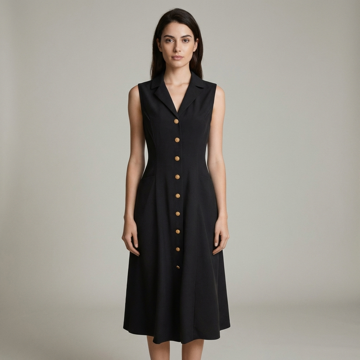 Elegante Abito Midi Nero Donna Scollo V Tunica Ufficio