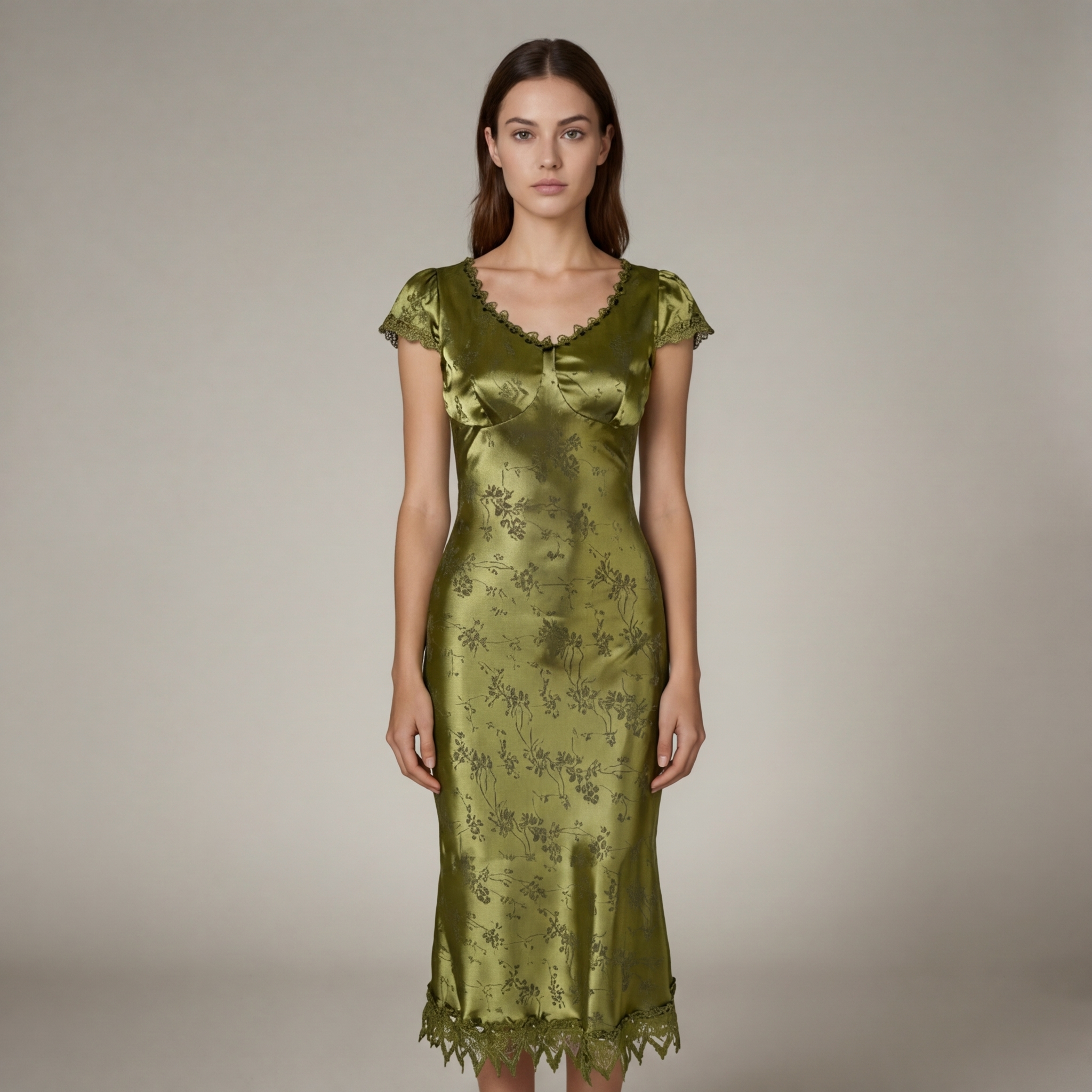 Elegante Abito Midi Verde Jacquard Maniche Corte