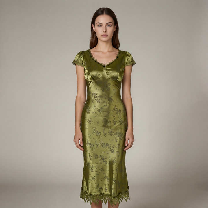 Elegante Abito Midi Verde Jacquard Maniche Corte
