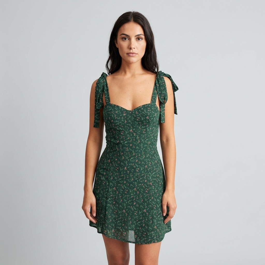 Elegante Abito Mini Verde Floreale Scollo Cuore Donna