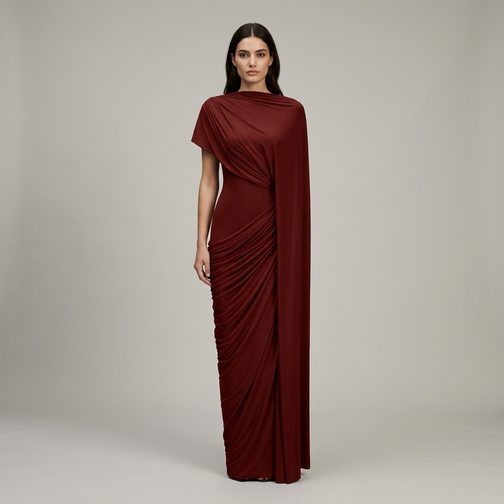 Elegante Abito Lungo Cappa Asimmetrica Drappeggiata