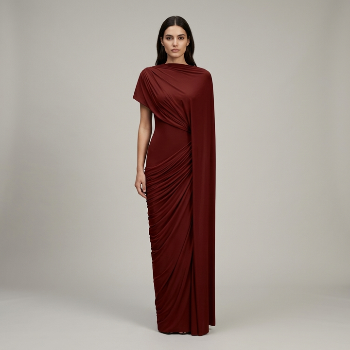 Elegante Abito Lungo Cappa Asimmetrica Drappeggiata