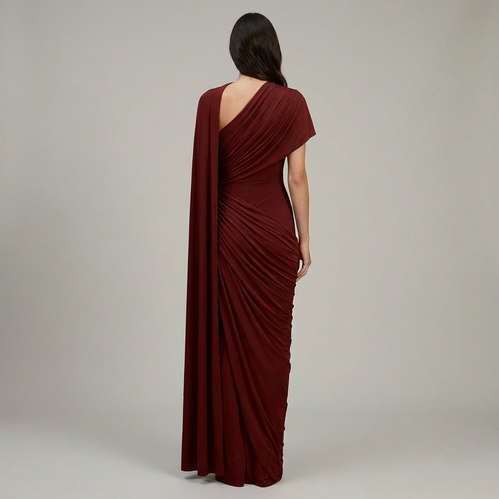 Elegante Abito Lungo Cappa Asimmetrica Drappeggiata