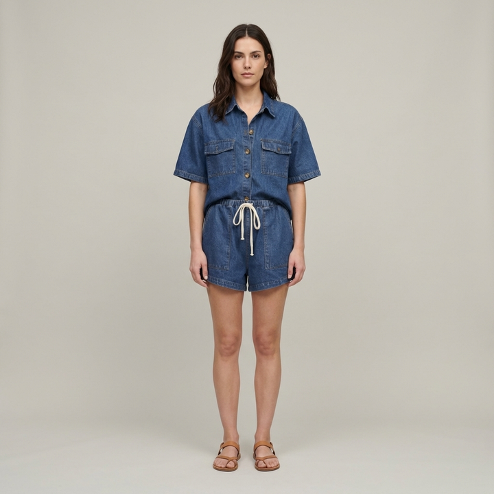 Classico Set Estivo Donna Camicia Shorts Vita Elastica