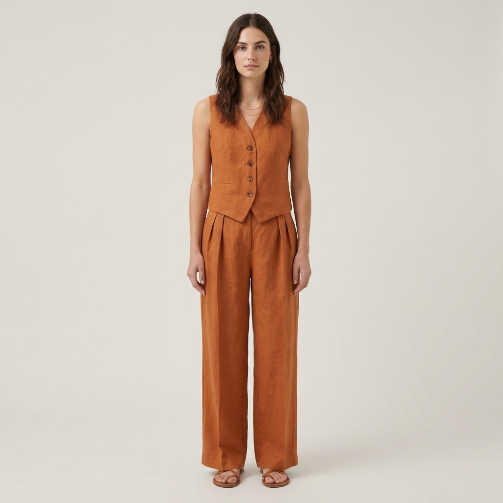 Raffinato Set Estivo Gilet Abbottonato Pantaloni Larghi