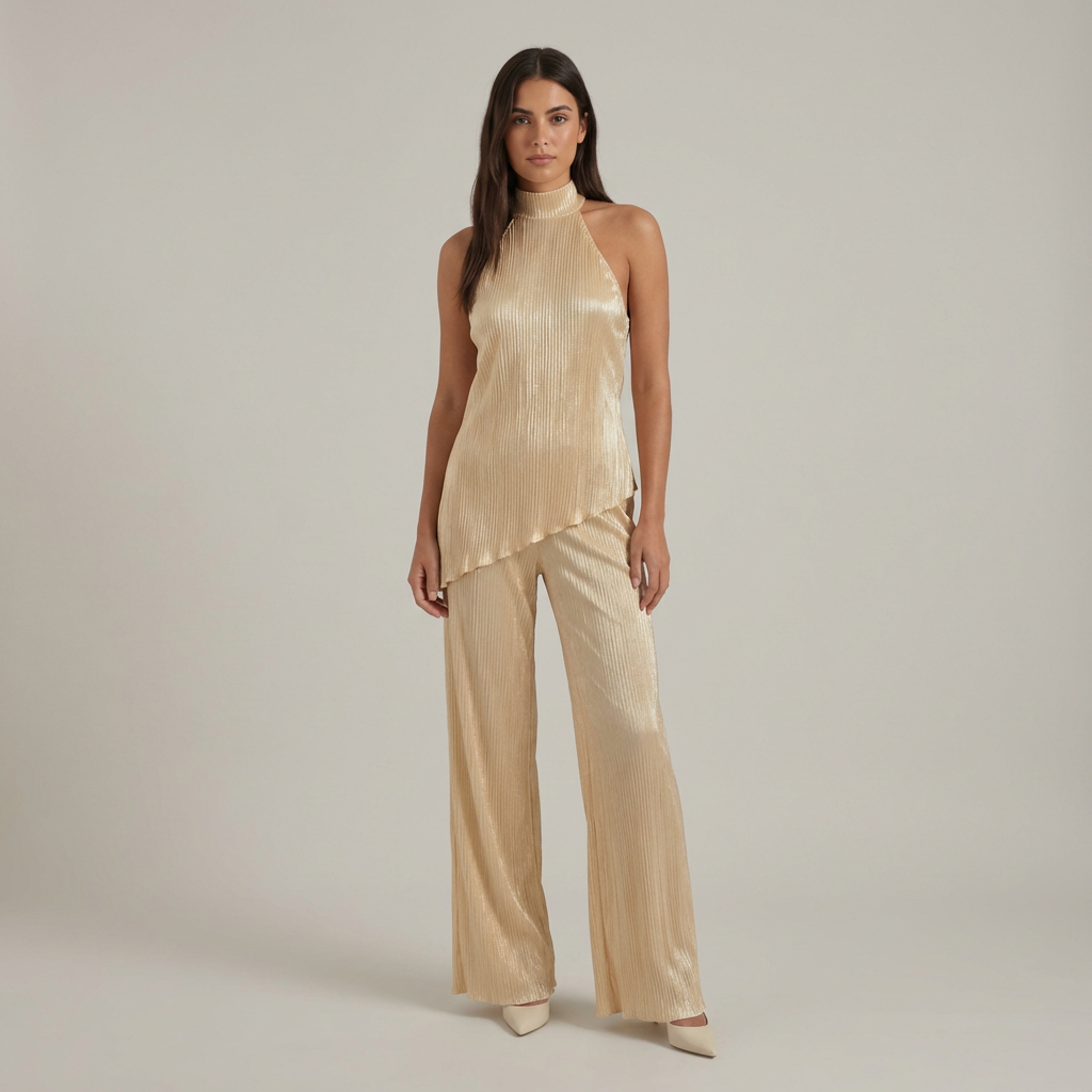 Elegante Set Donna Halter Schiena Scoperta Pantaloni Larghi