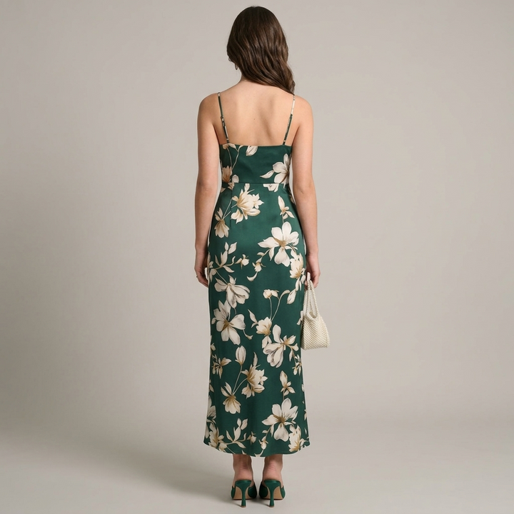 Elegante Abito Maxi Floreale Spacco Alta Vita