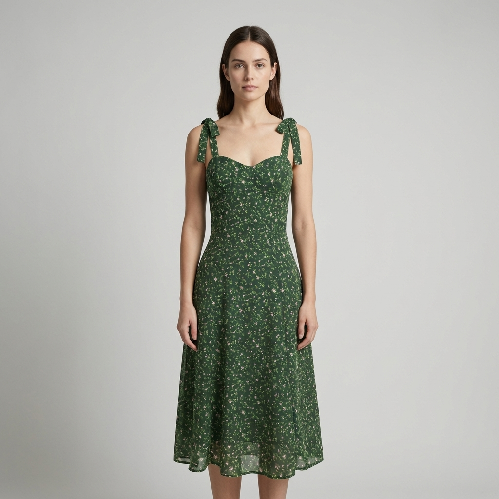 Elegante Abito Midi Floreale Scollo a Cuore Alta Vita