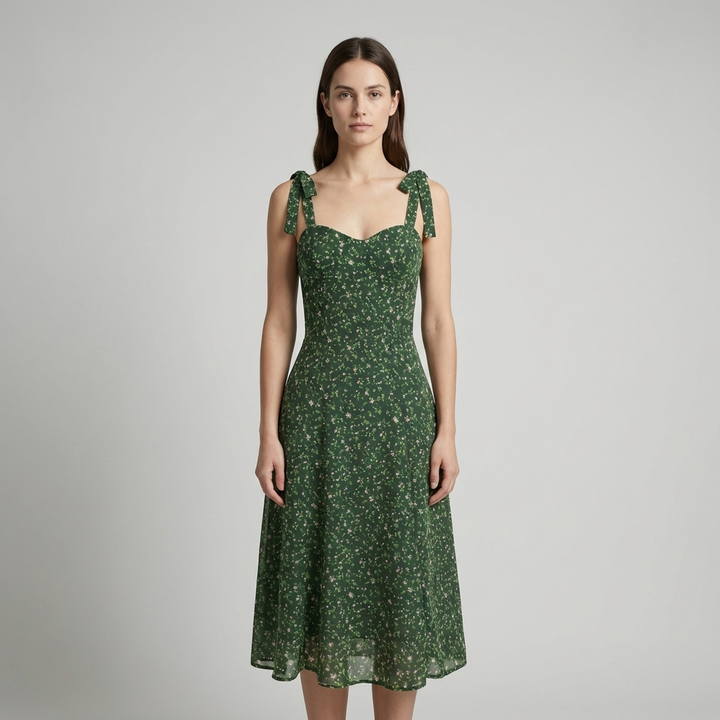 Elegante Abito Midi Floreale Scollo a Cuore Alta Vita