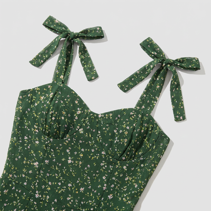 Elegante Abito Midi Floreale Scollo a Cuore Alta Vita